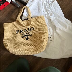 Prada raffia Embroidered Logo Tote Naturale